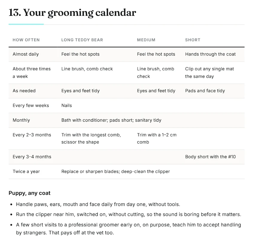 Guide page with a grooming calendar for the long, medium and short looks