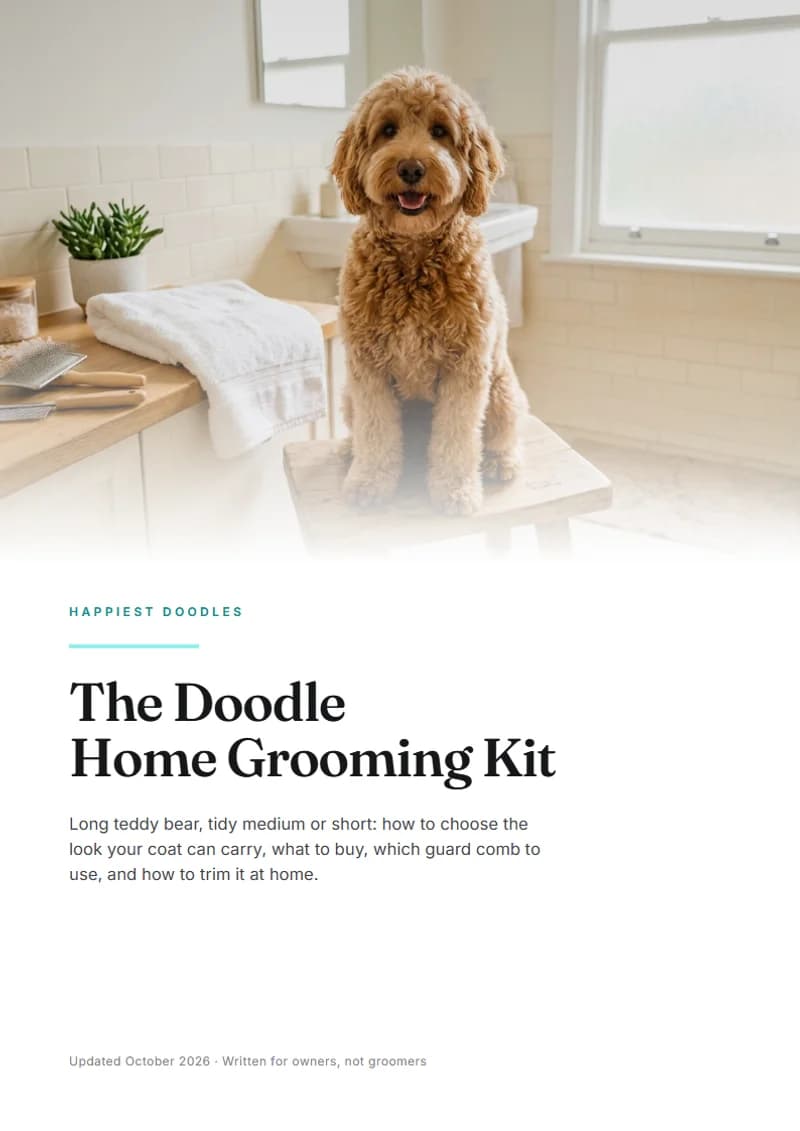 Cover of The Doodle Home Grooming Kit: a fluffy apricot doodle sitting on a wooden stool in a bright bathroom