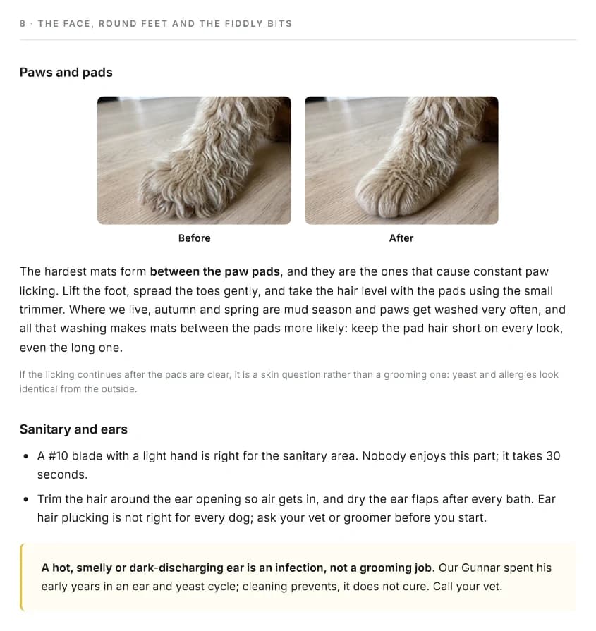 Guide page with before and after photos of a doodle paw trimmed into a round foot