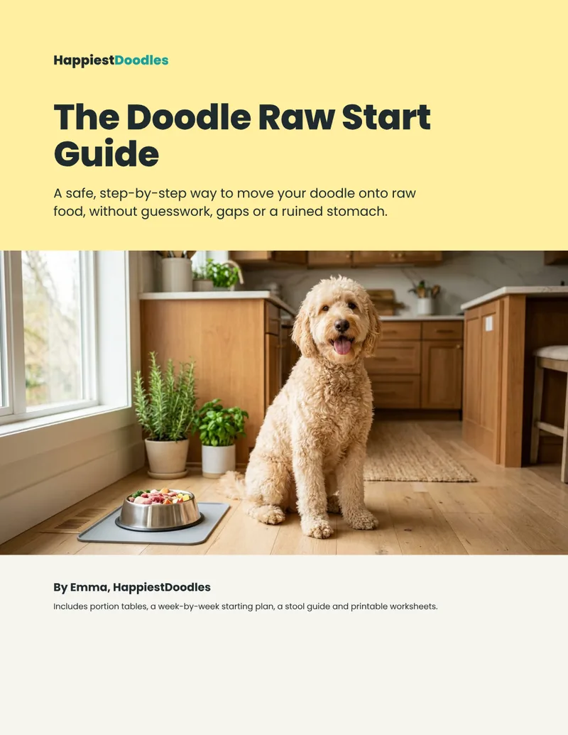 Cover of The Doodle Raw Start Guide: a cream Goldendoodle beside a stainless steel bowl of raw food