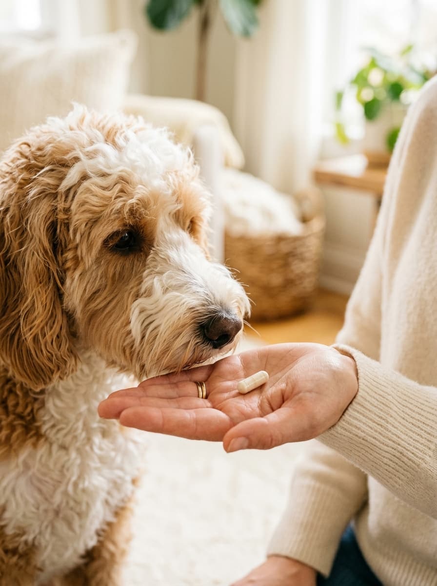 Close-up of a cream and apricot doodle sniffing a capsule resting in an owner’s open palm