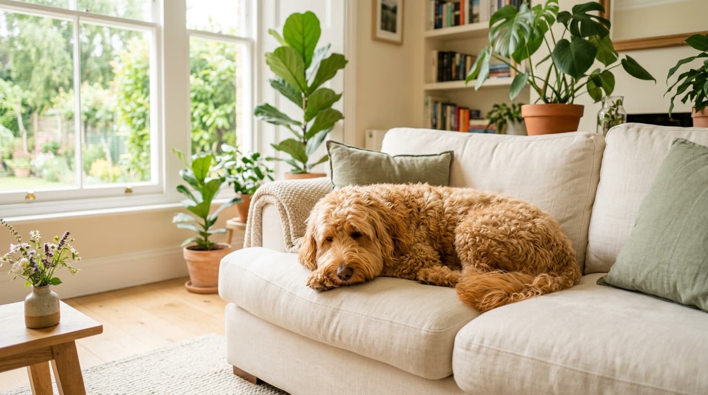 A standard Australian Labradoodle resting quietly on a kitchen floor, looking subdued after a bout of digestive illness
