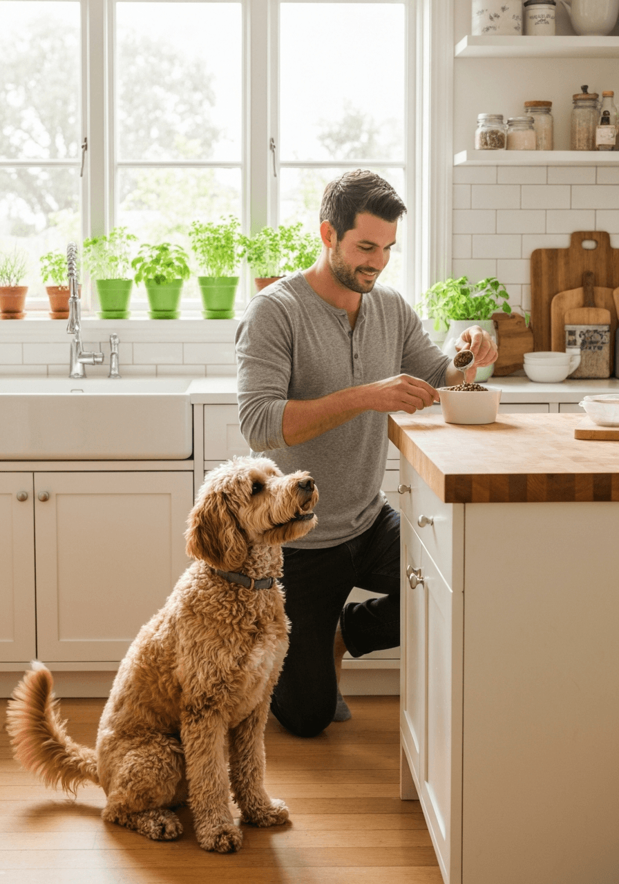 Man preparing a bowl of food at a kitchen counter while an apricot doodle sits and watches