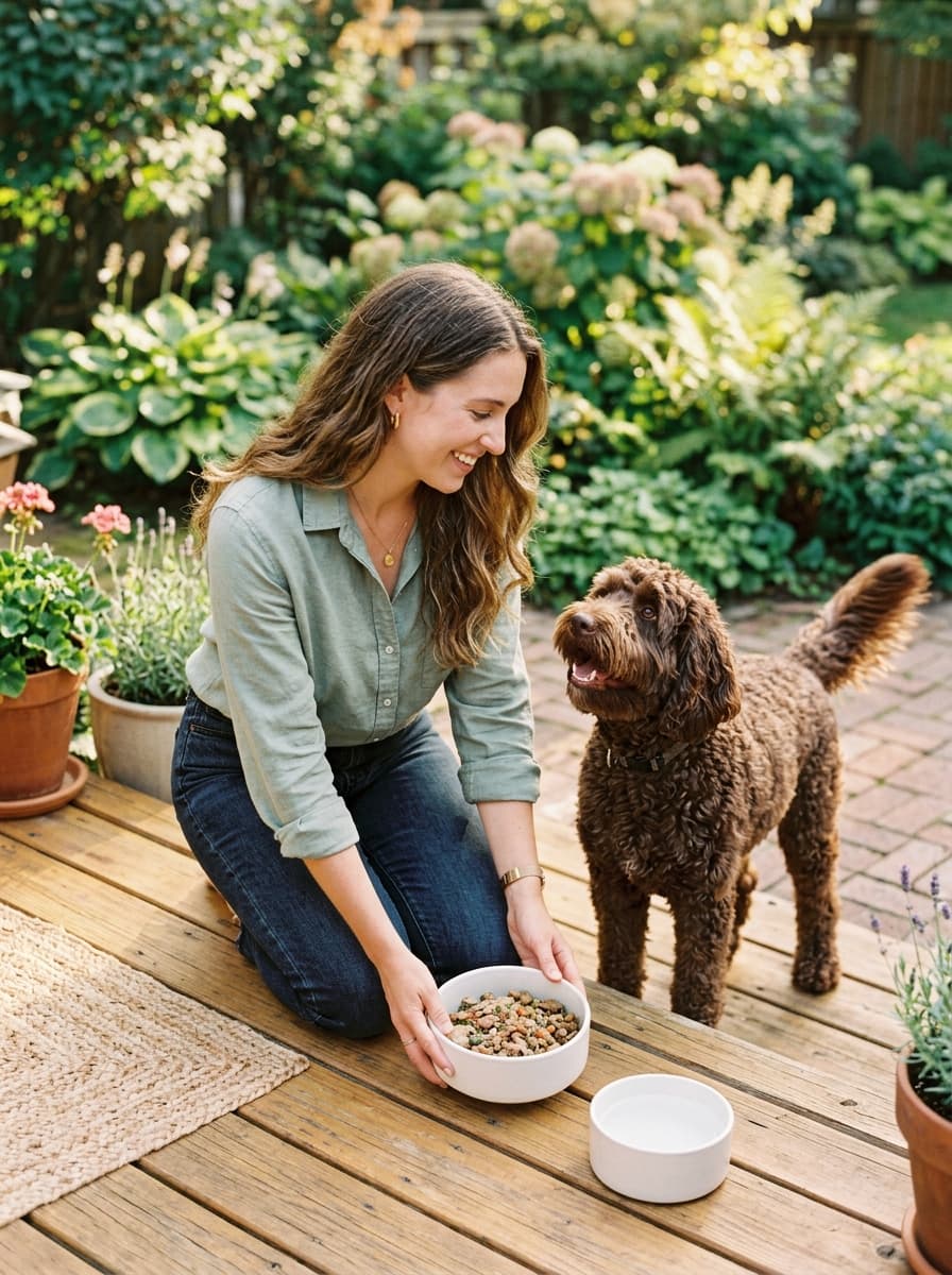 Woman kneeling on a wooden deck setting down a food bowl for a chocolate doodle, with a water bowl beside it