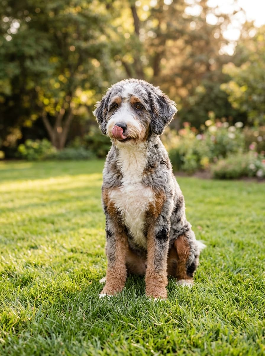 Blue merle Bernedoodle with tan legs sitting on a sunny garden lawn, licking its lips
