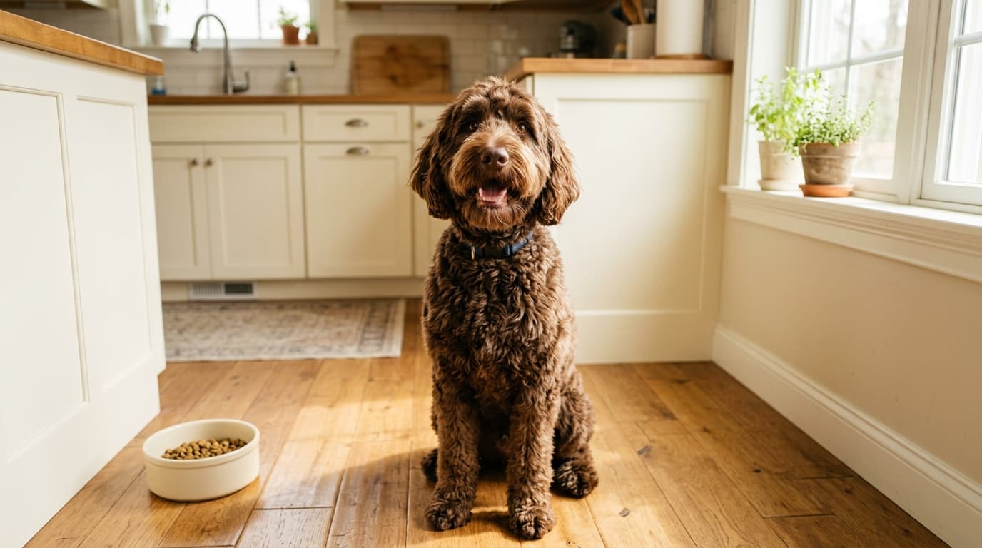 Australian Labradoodle resting on a kitchen floor beside a food bowl, looking calm and relaxed