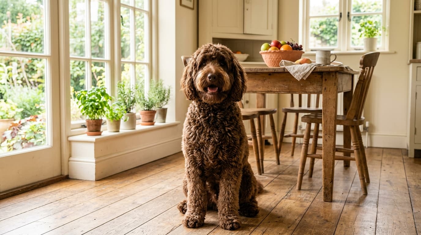 Chocolate brown Goldendoodle sitting on a sunlit farmhouse kitchen floor