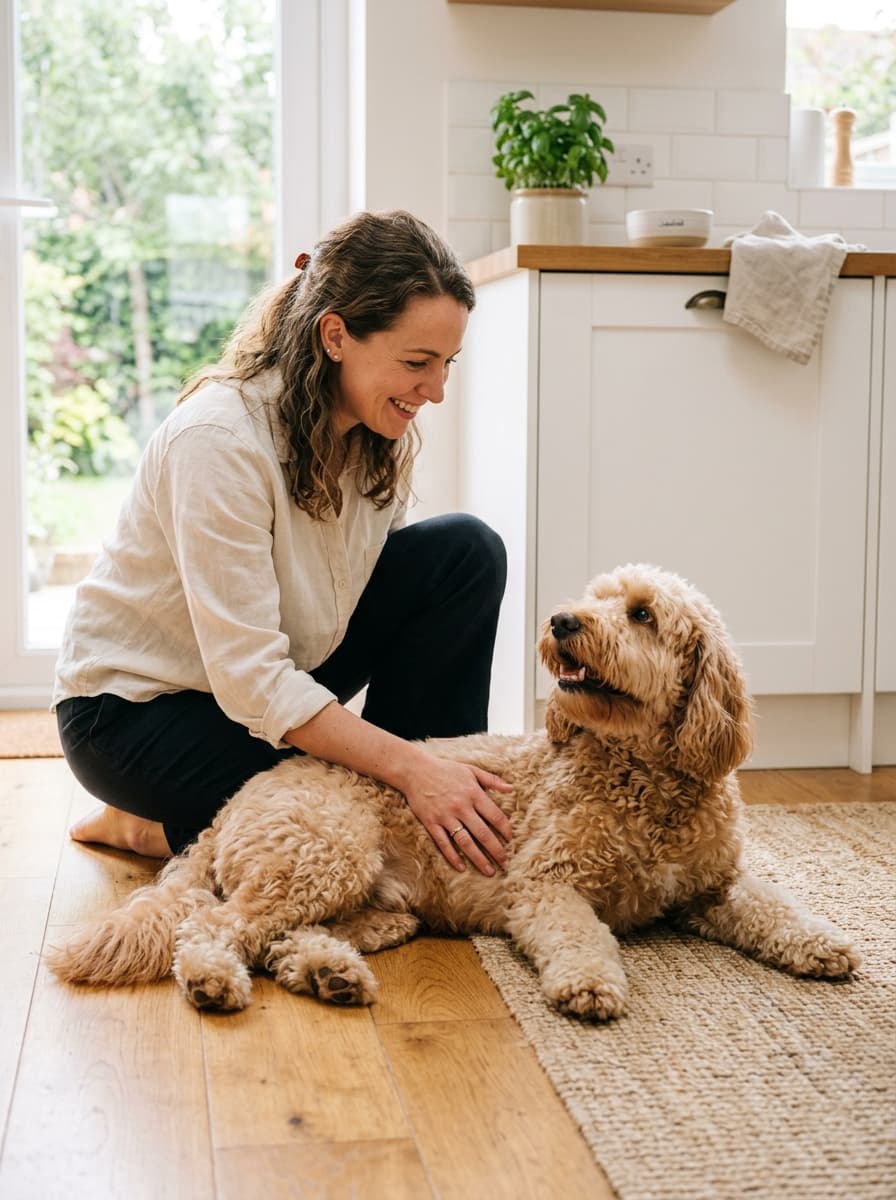 Smiling woman kneeling on a kitchen floor, stroking a relaxed apricot Labradoodle lying on a rug