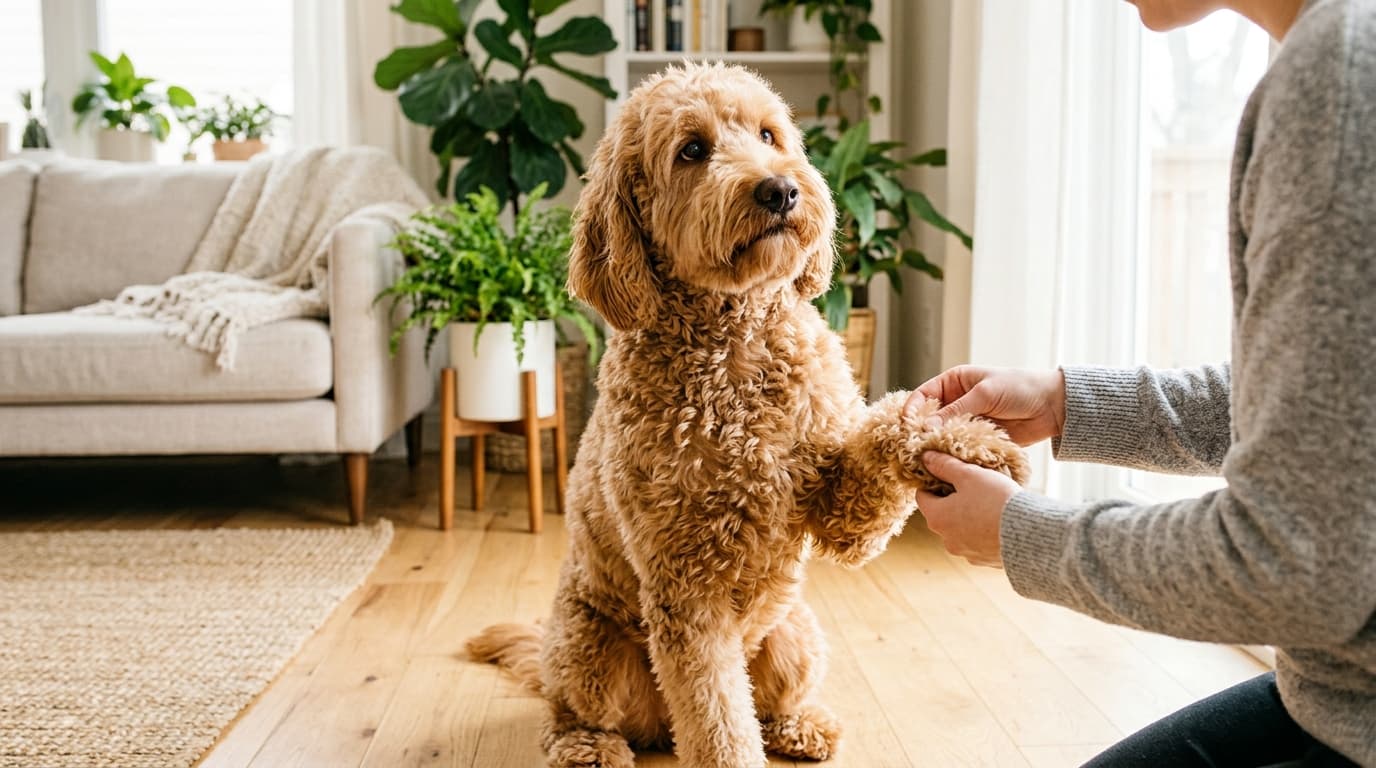 Apricot goldendoodle sitting on a wood floor while its owner holds a front paw to check the fur between the toe pads.