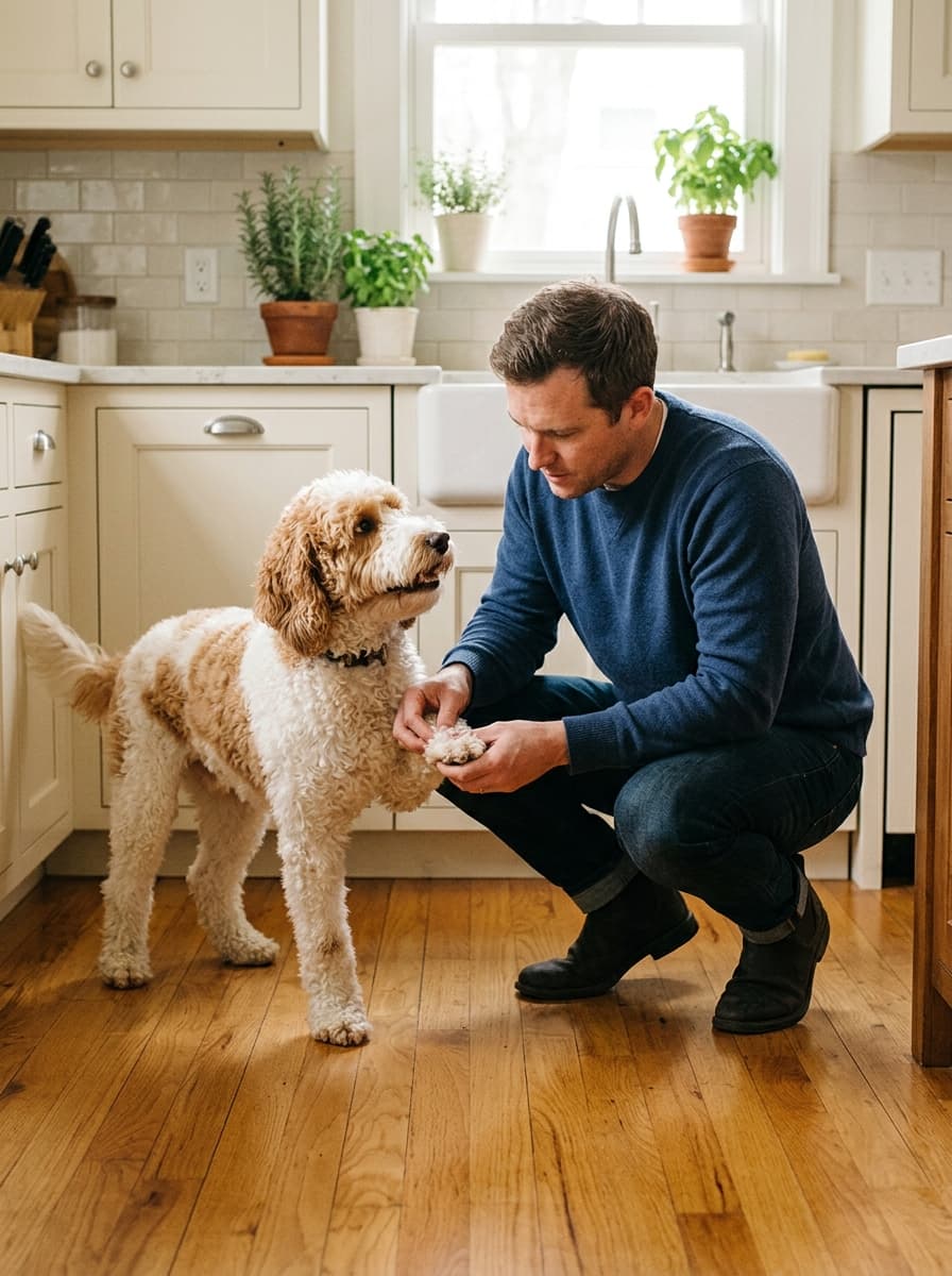 Man crouching in a kitchen holding the front paw of a cream and apricot parti doodle to inspect it