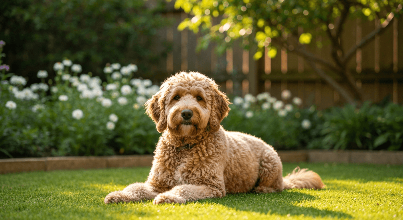 A fluffy goldendoodle lying calmly on a kitchen floor next to a stainless steel food bowl