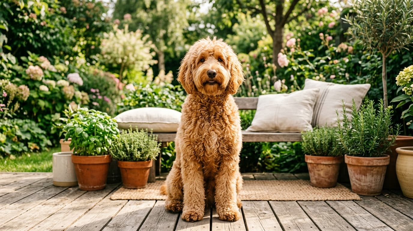 Apricot Goldendoodle with a thick, glossy wavy coat sitting on a sunny garden deck