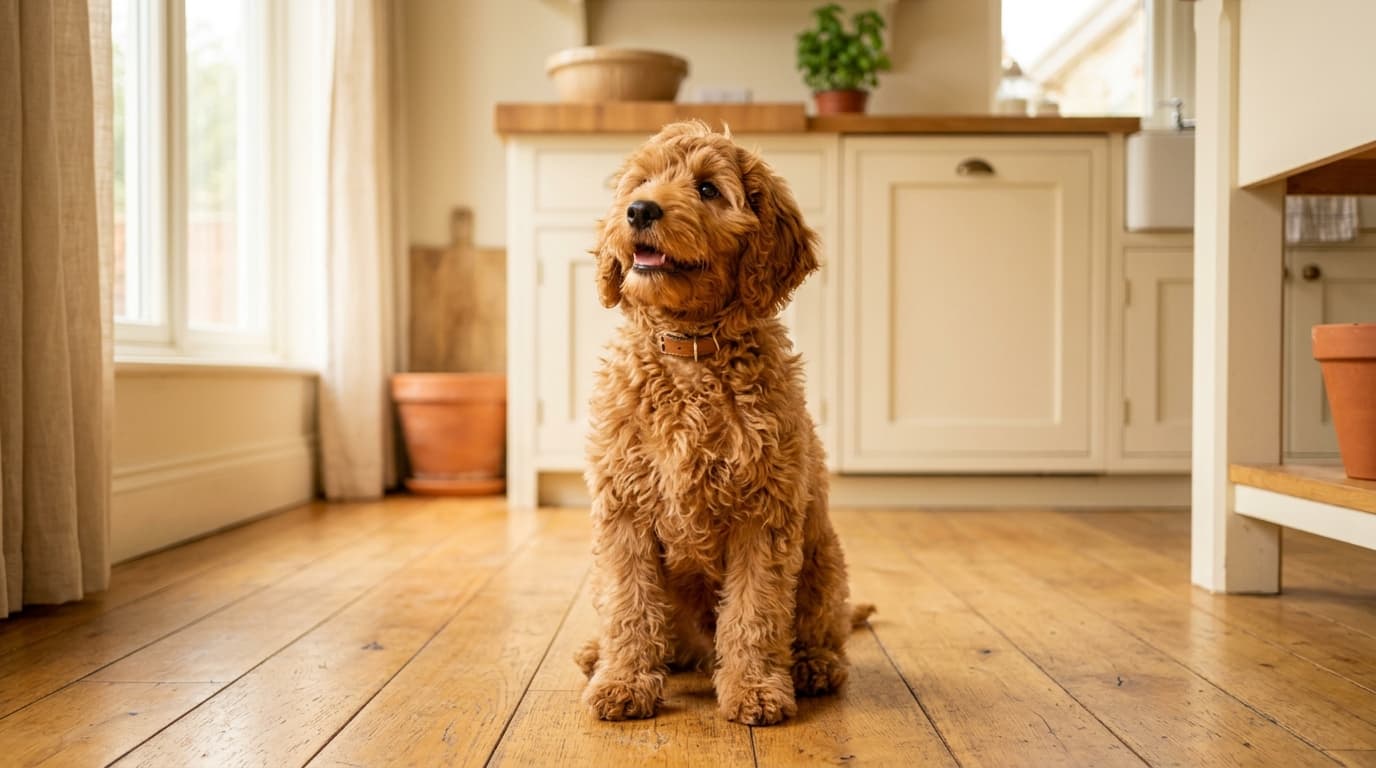 Small apricot mini Goldendoodle sitting on a sunny kitchen floor looking up at the camera