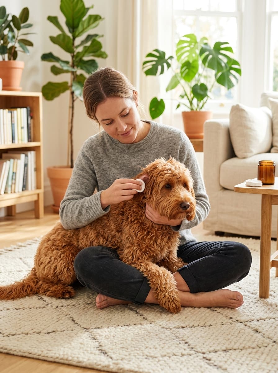 Woman sitting cross-legged on a rug cleaning the ear of a red curly doodle resting in her lap