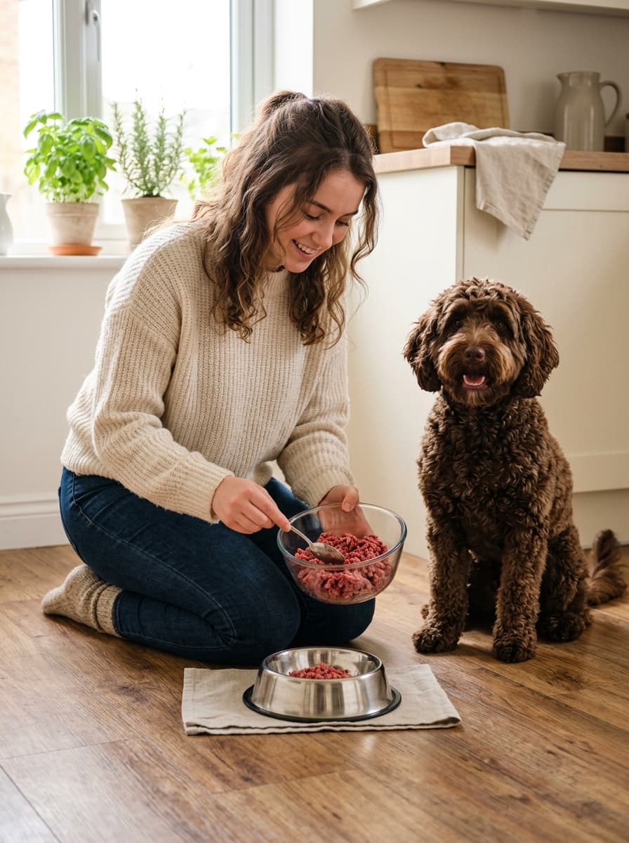 Woman kneeling on a wooden floor portioning raw ground meat into a steel bowl beside a chocolate doodle