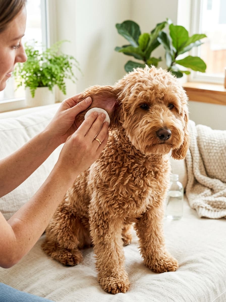Apricot goldendoodle sitting on a cream sofa while an owner gently wipes the inside of its ear flap with a cotton pad