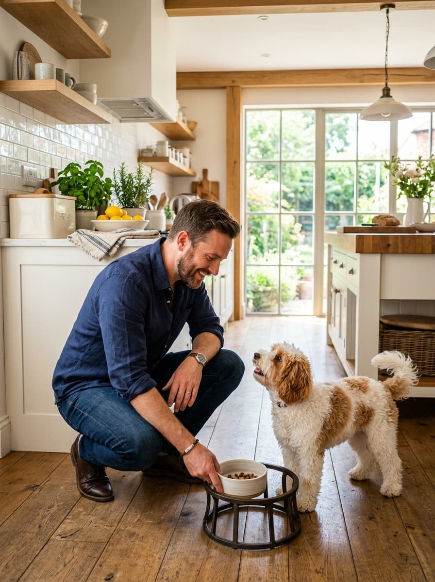 Smiling man crouching in a sunny kitchen to set down a food bowl for a white and caramel parti mini doodle