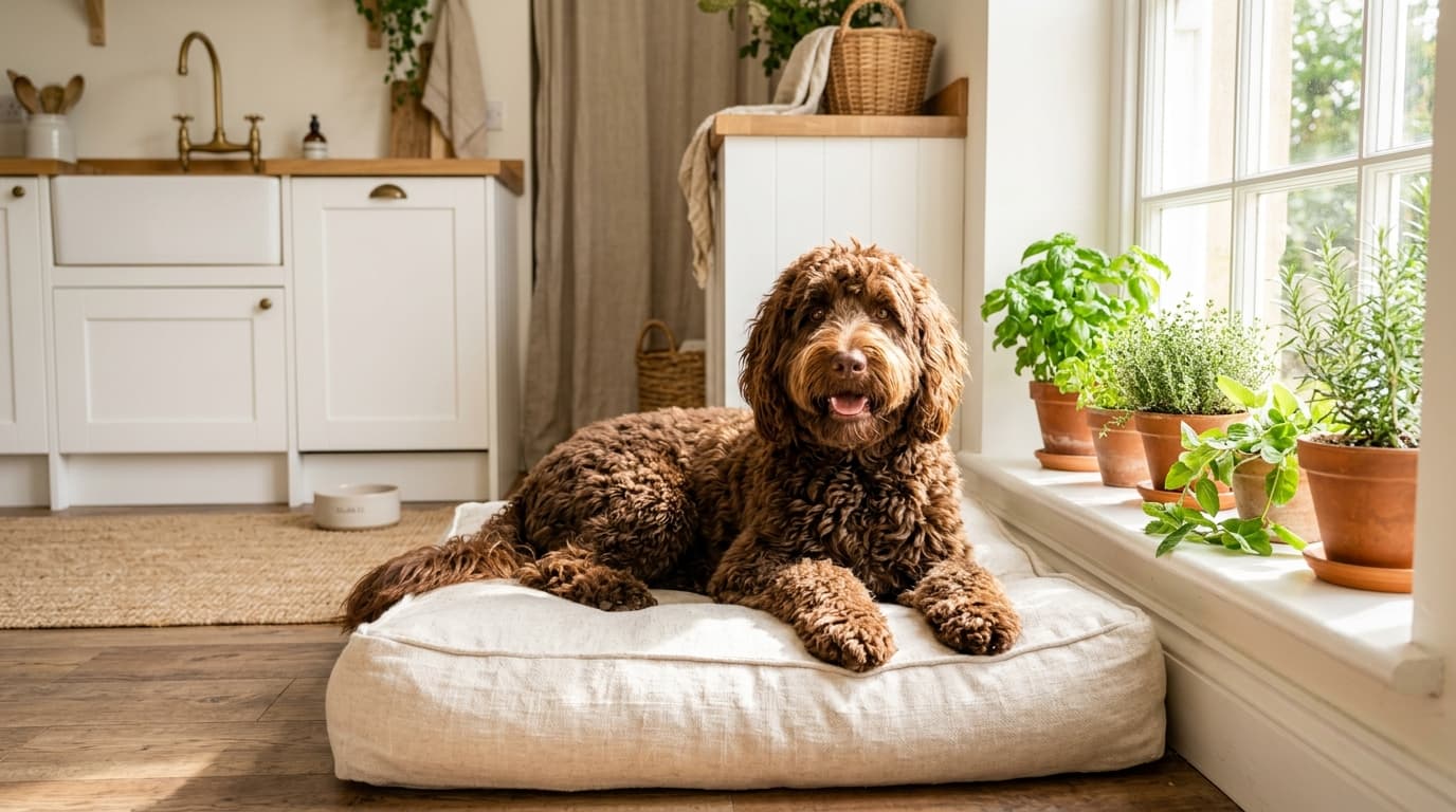 Australian Labradoodle standing in a garden looking back, in a natural toileting posture