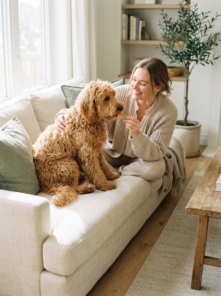 A smiling woman on a cream sofa stroking an apricot goldendoodle and offering it a small chew