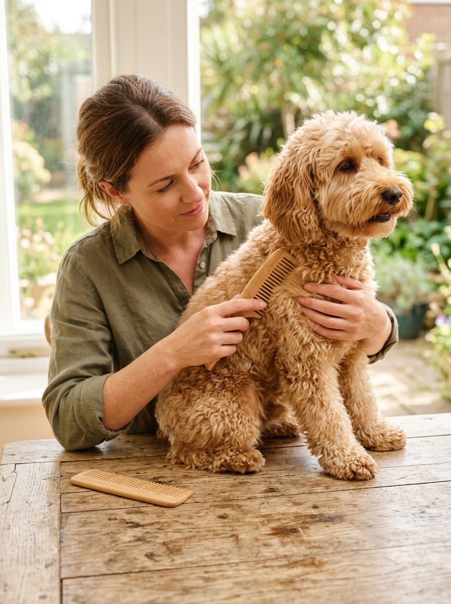 Woman combing the curly coat of an apricot doodle standing on a wooden table