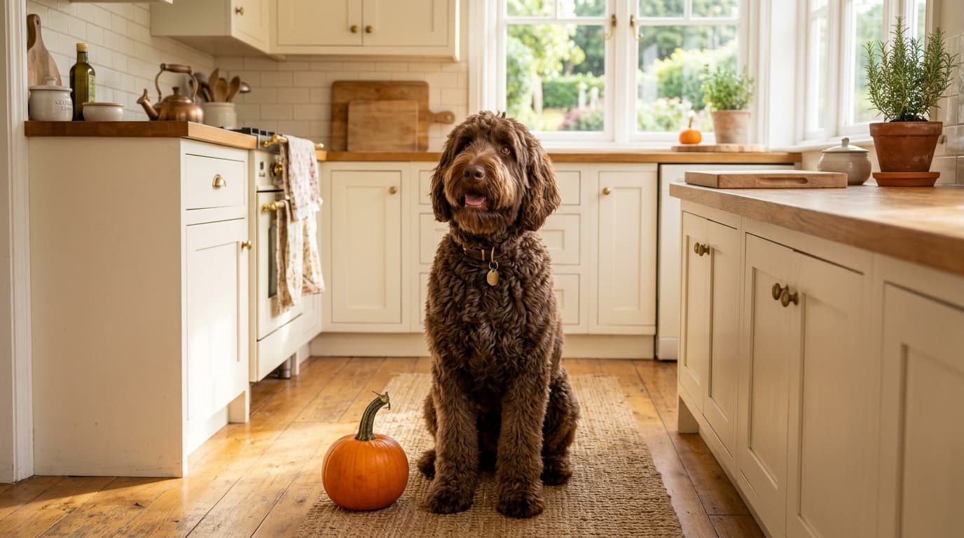 Spoon of plain canned pumpkin puree next to a curly-coated doodle's food bowl on a kitchen counter