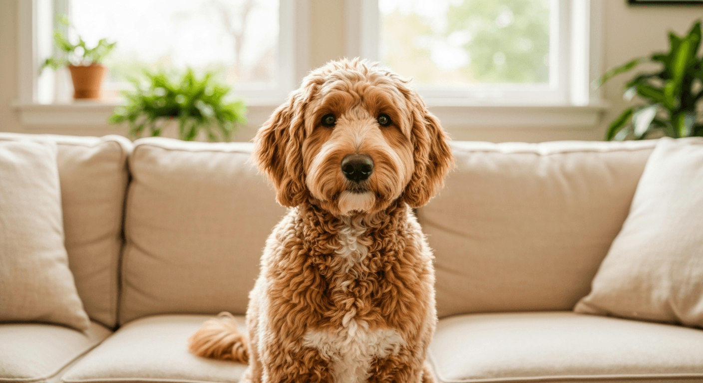 A happy goldendoodle sitting on grass outdoors looking energetic and healthy