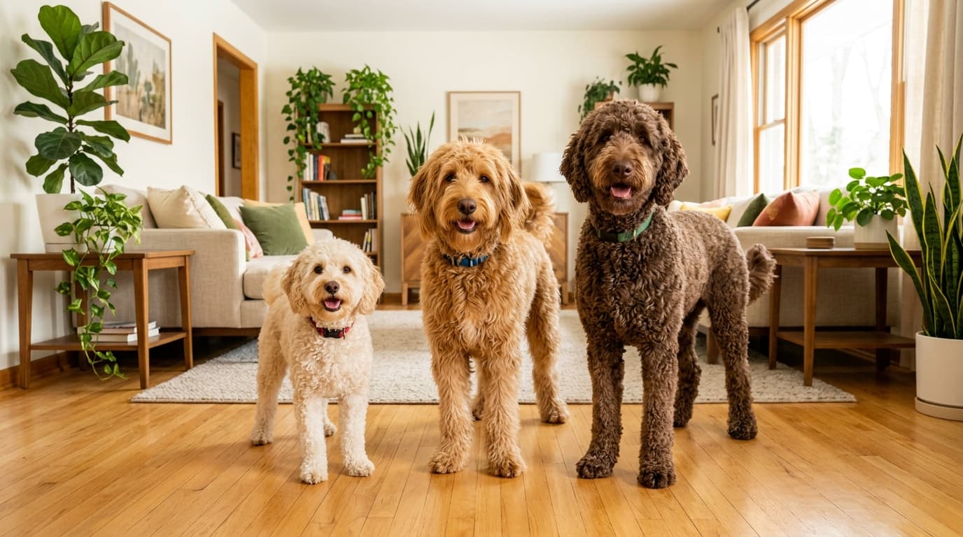 A Mini, a Medium and a Standard doodle standing side by side in a bright living room showing the size difference