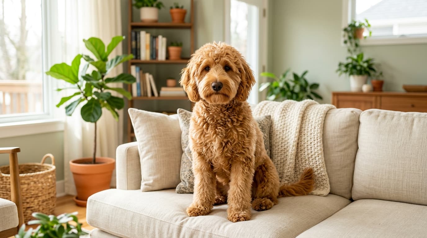 Apricot Goldendoodle with a clean, well-groomed coat sitting calmly on a cream sofa