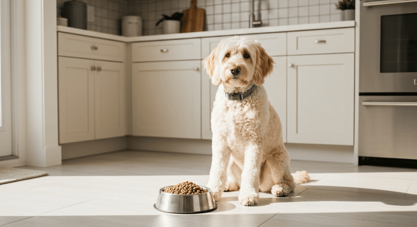 Goldendoodle waiting by a bowl of single-protein food during an elimination diet trial