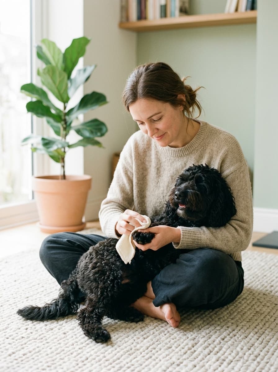 Woman sitting on a rug wiping the paw of a black doodle resting in her lap with a soft cloth