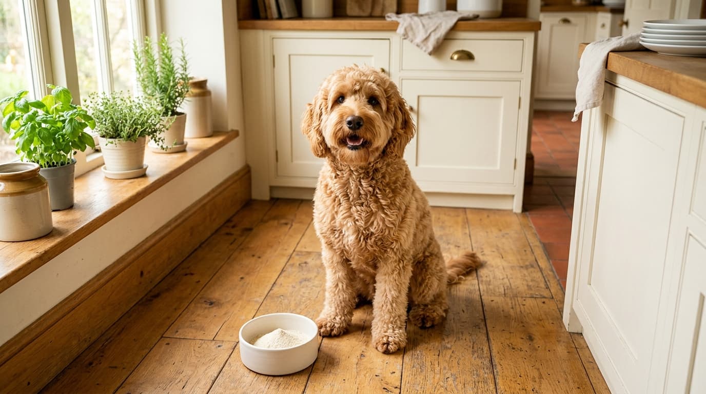 Apricot Goldendoodle sitting on a kitchen floor beside a plain bowl of gut health supplement powder
