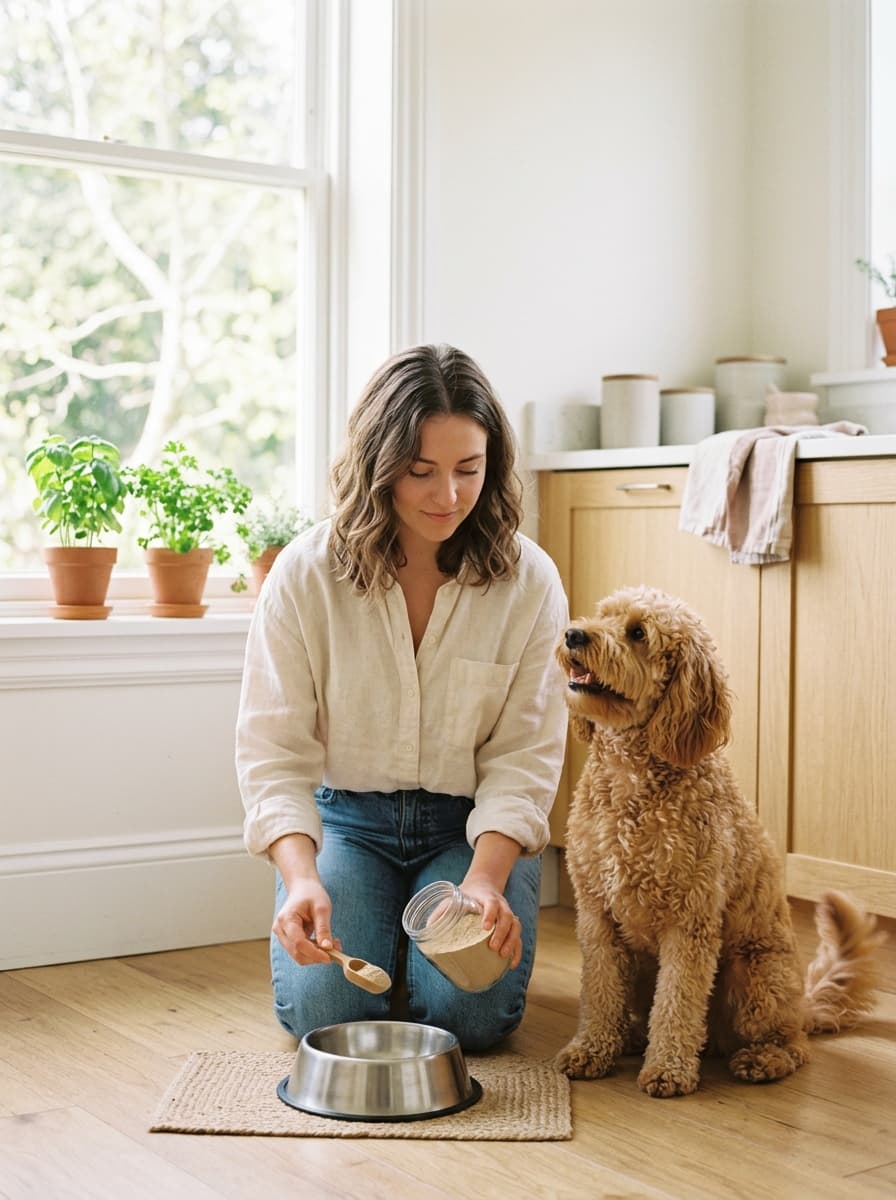 A woman kneeling on a kitchen floor spooning powder into a steel bowl while an apricot doodle watches