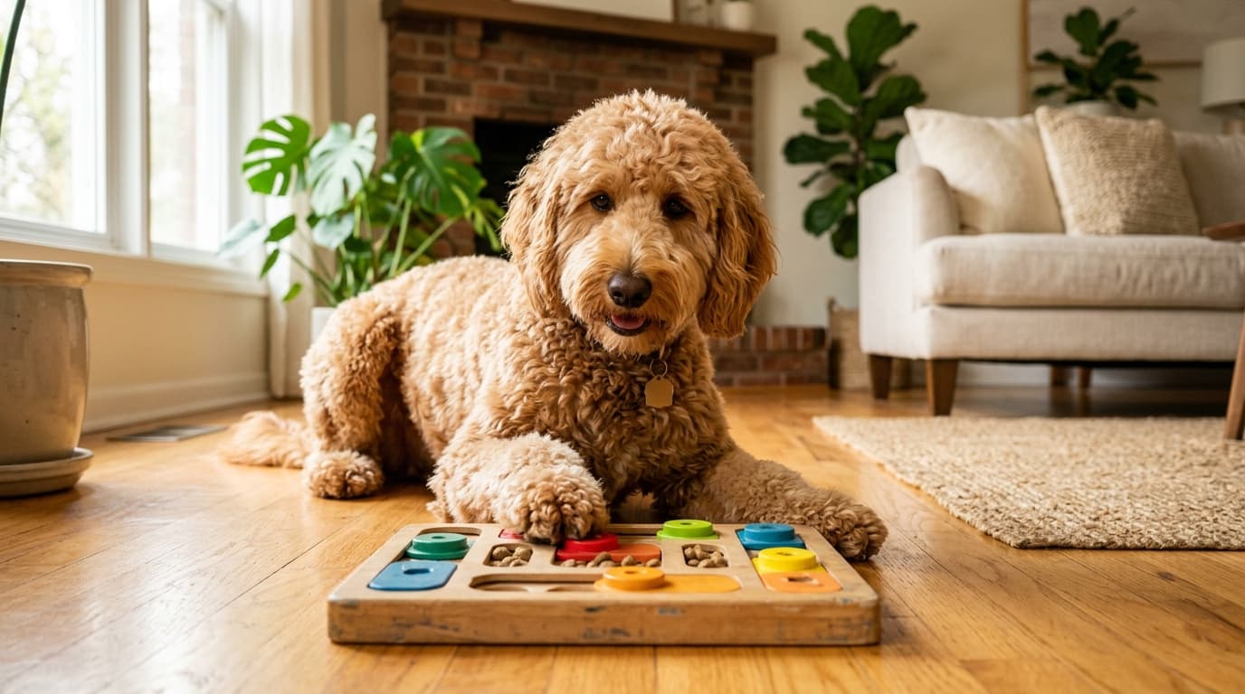 Apricot Goldendoodle pawing at a wooden puzzle feeder on a living room floor