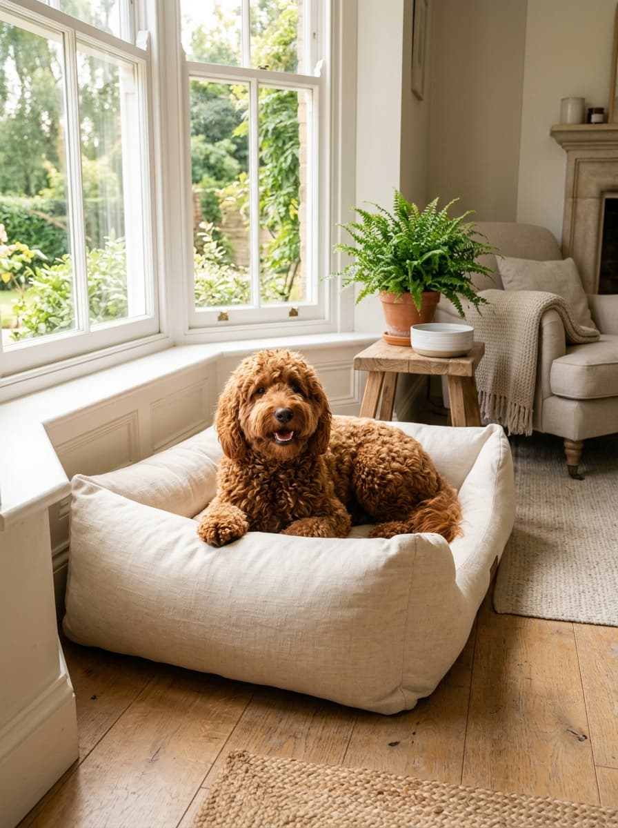 Red curly doodle lying alert in a cream dog bed in a bright bay window