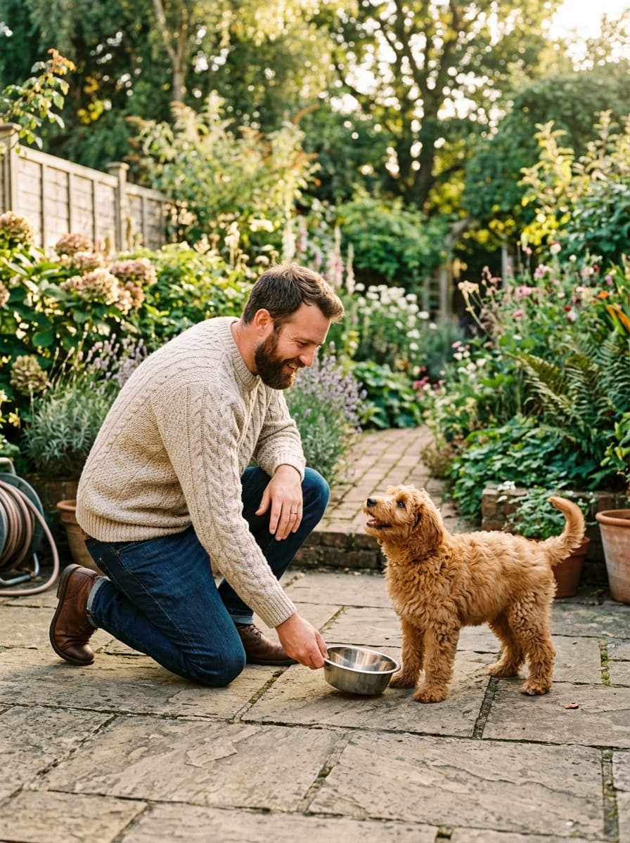 Bearded man kneeling on a garden patio setting down a steel bowl for an apricot doodle puppy