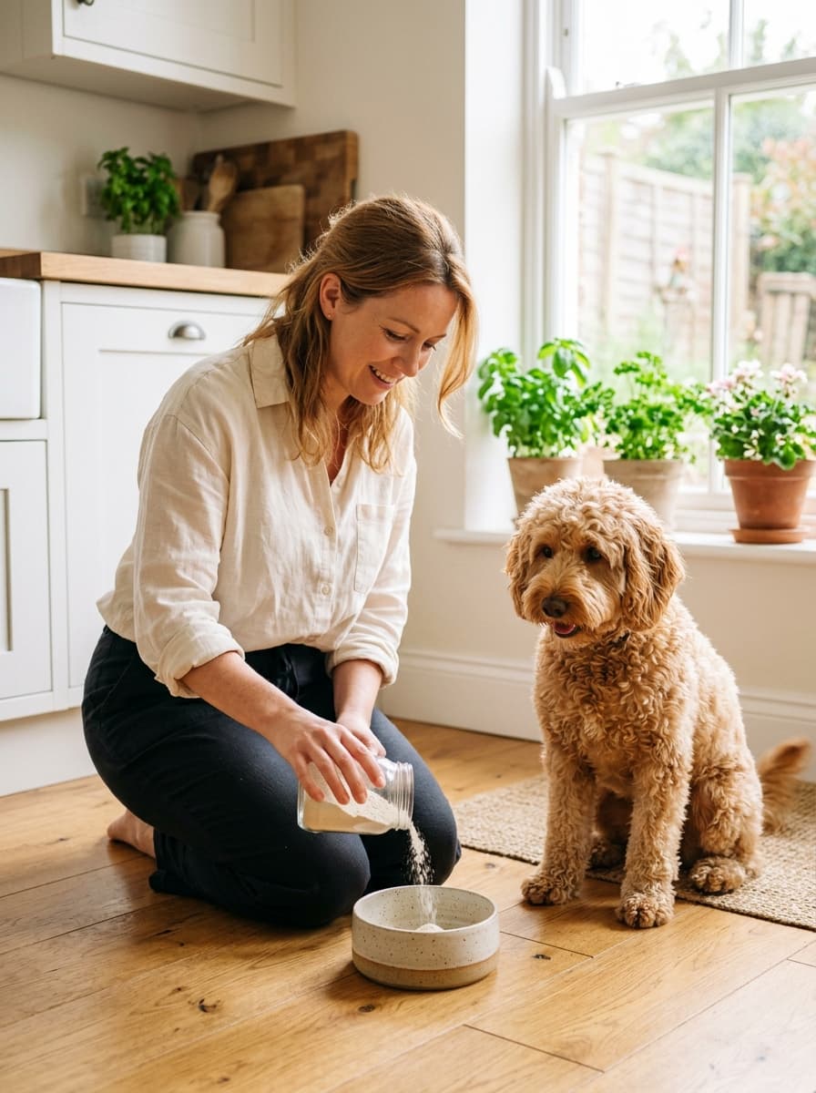 Woman kneeling on a kitchen floor sprinkling powder from a clear jar into a bowl while an apricot doodle watches