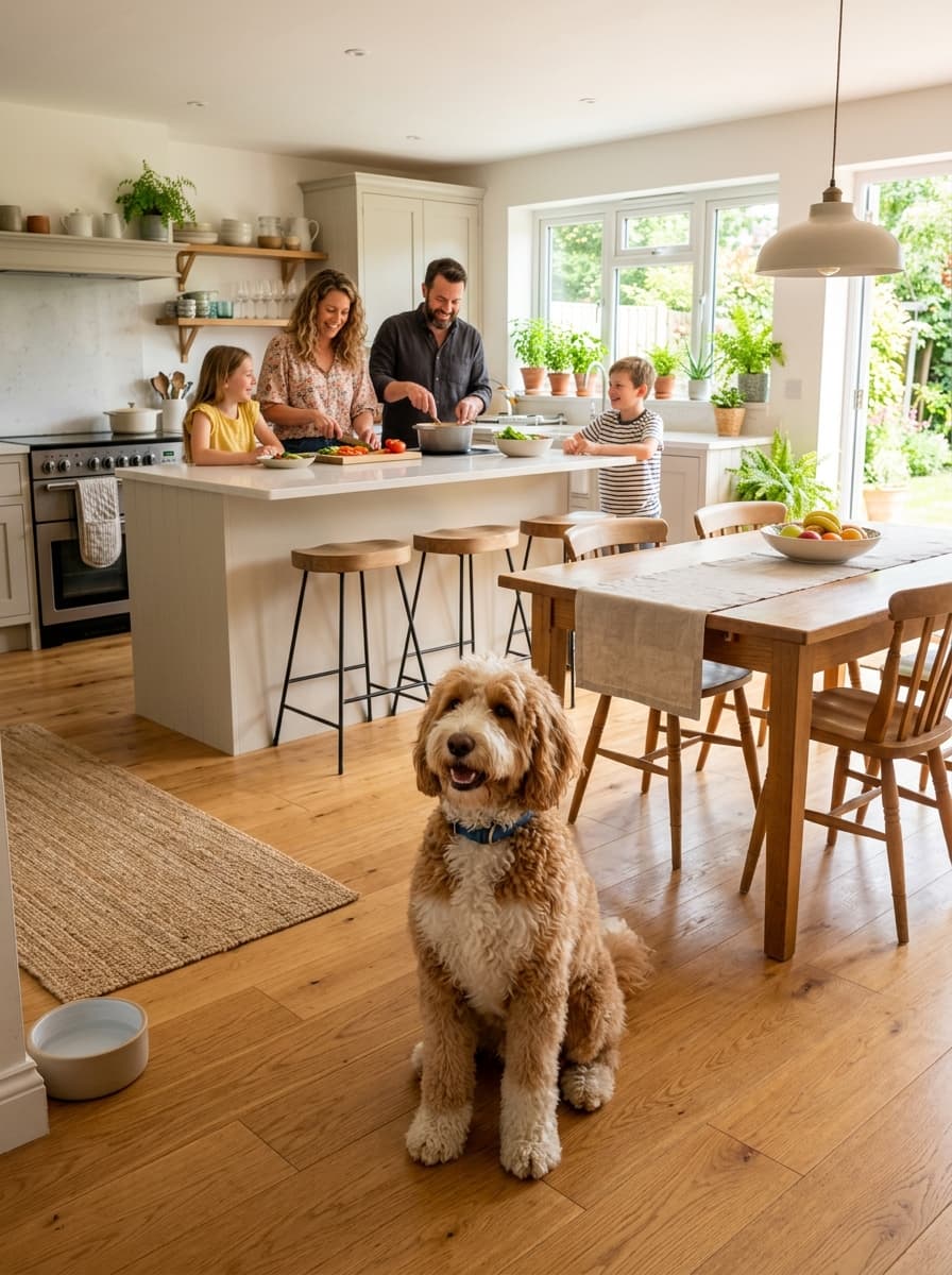 Parti goldendoodle sitting on a wooden kitchen floor while a family cooks together at the island behind it