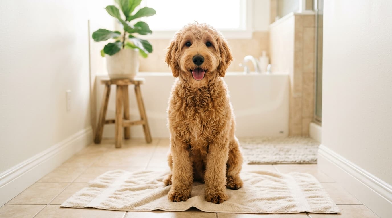 Wet Australian Labradoodle wrapped in a dog drying robe after a bath, coat still damp to the skin