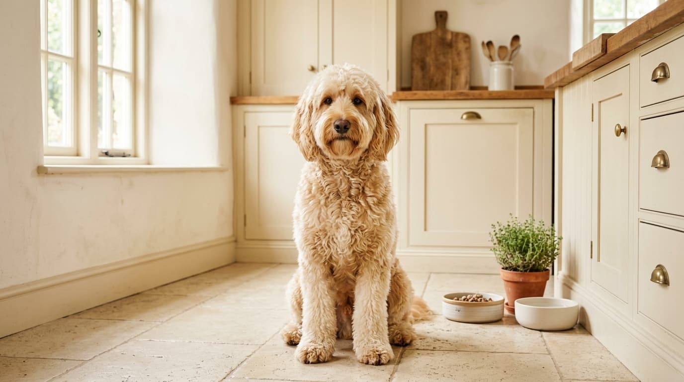 Australian Labradoodle waiting beside a bowl of wet dog food on a kitchen floor