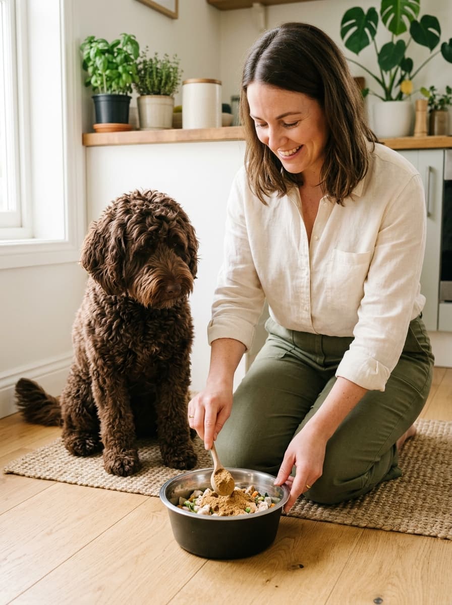 Woman kneeling on a rug stirring powder into a bowl of food while a chocolate doodle sits beside her