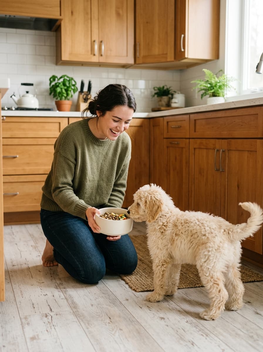 Smiling woman kneeling in a kitchen offering a bowl of food to a young cream doodle
