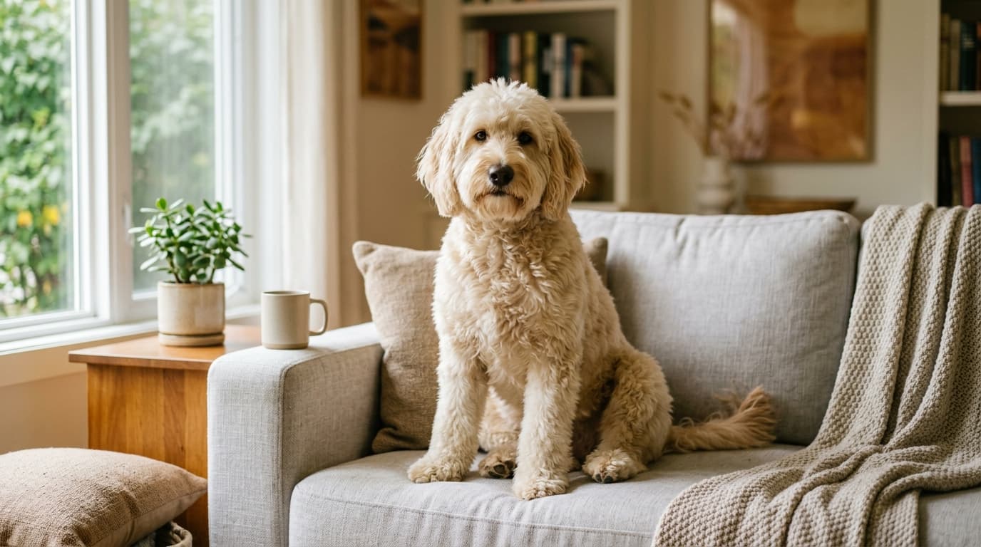 Worried doodle owner examining their dog's stool in a yard with the dog standing nearby