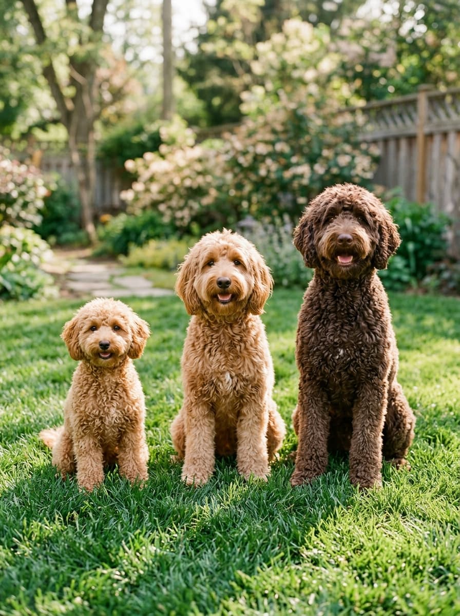 Three curly doodles of small, medium and large size sitting side by side on a sunny garden lawn