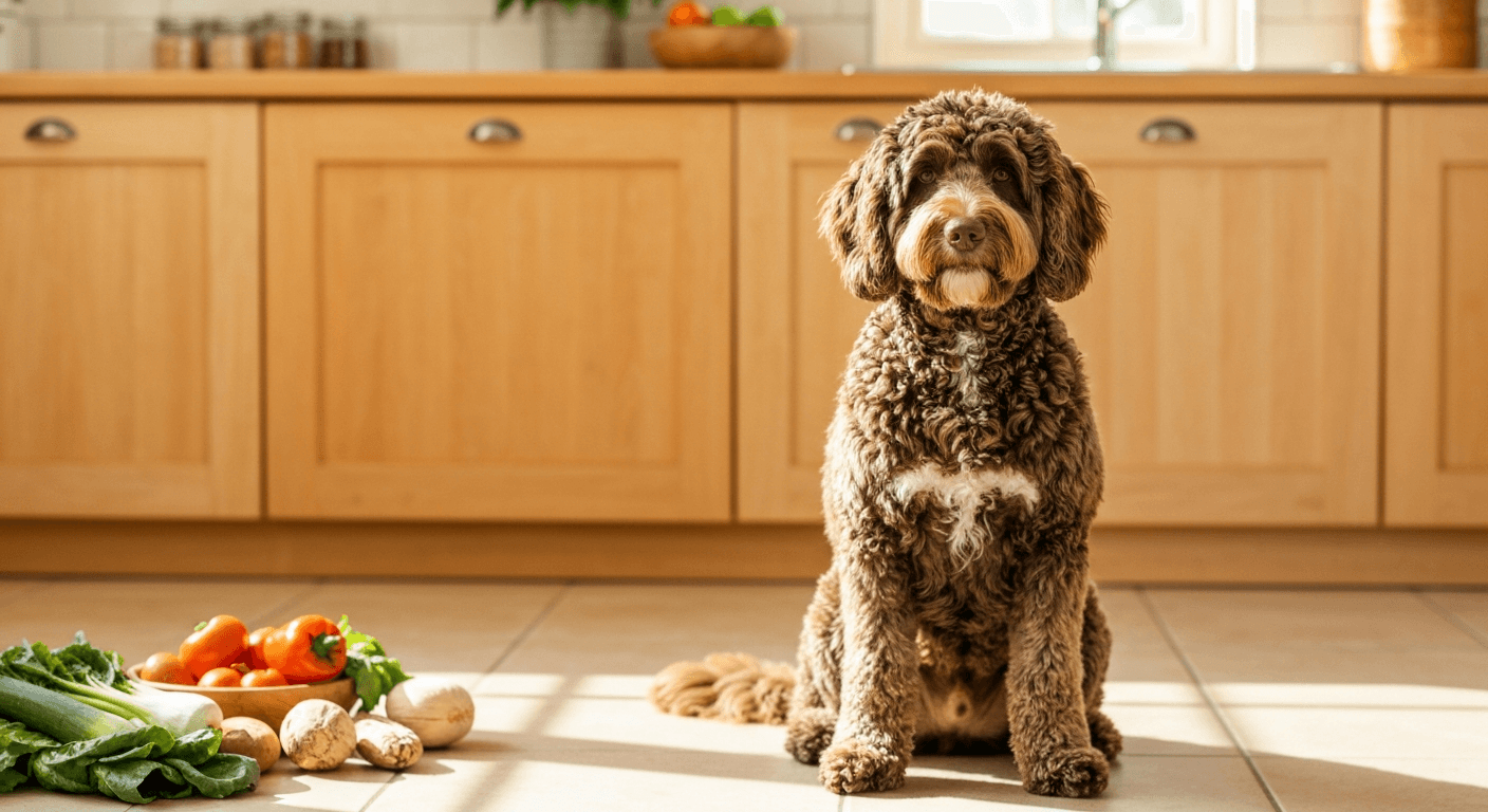 A golden doodle dog sitting beside a bowl of fresh food while its owner examines its paw for signs of redness or irritation