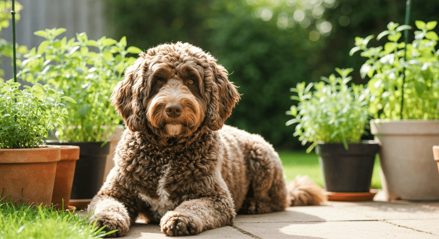 Gray-muzzled senior goldendoodle resting on a rug beside a low ramp in a sunlit living room