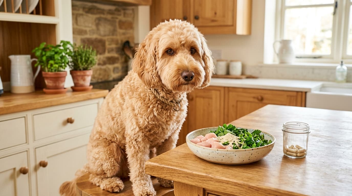 Apricot Goldendoodle looking at a bowl of raw chicken and greens on a kitchen island