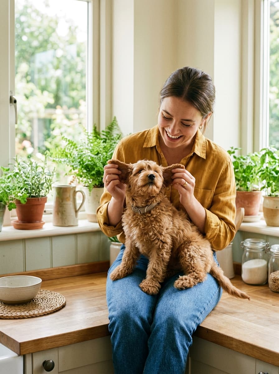 Woman sitting by a kitchen window checking the face and ears of a small apricot doodle on her lap