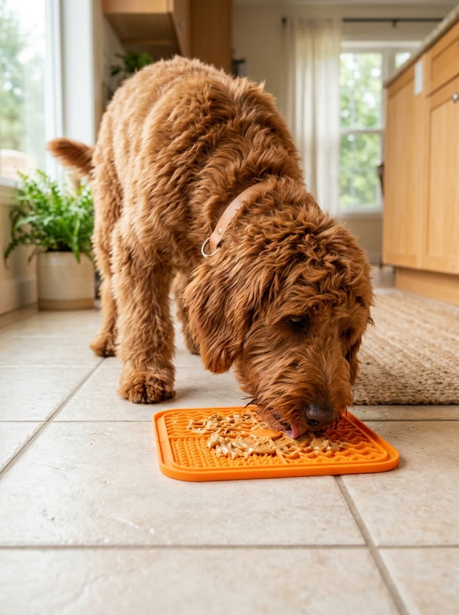 Red curly doodle licking food spread across an orange textured lick mat on a tiled floor