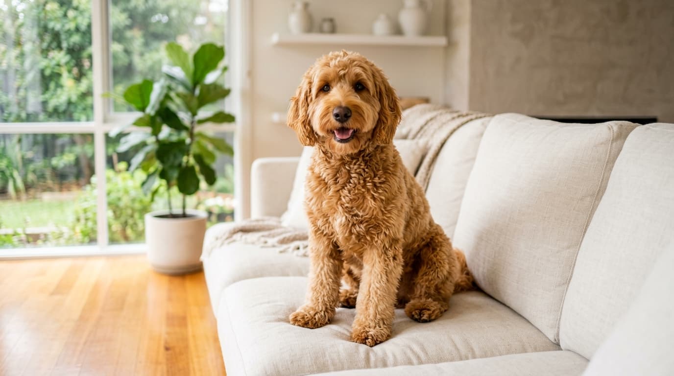 A standard Australian Labradoodle standing in profile being hand-checked for ribs and waist under a fluffy coat
