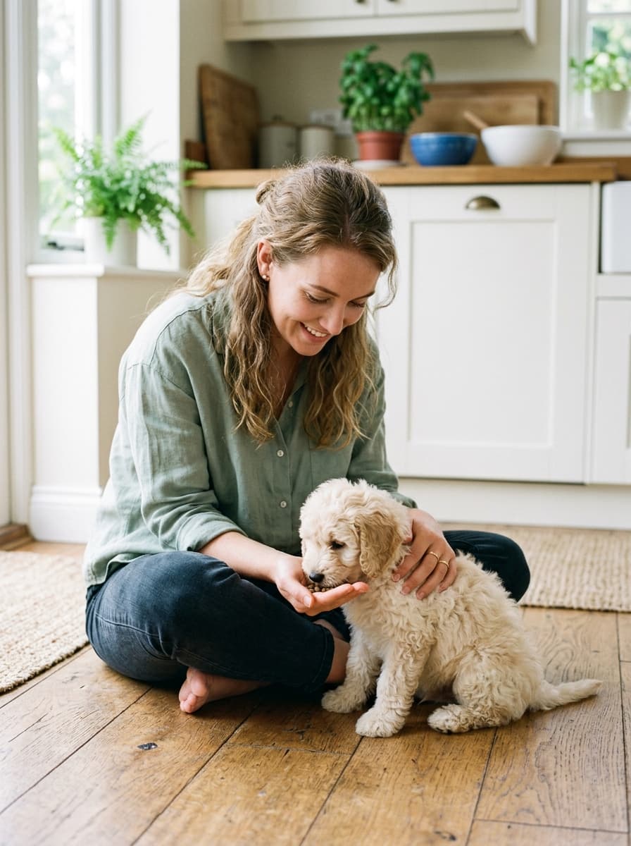 Woman sitting on a kitchen floor hand-feeding a small cream doodle puppy from her palm